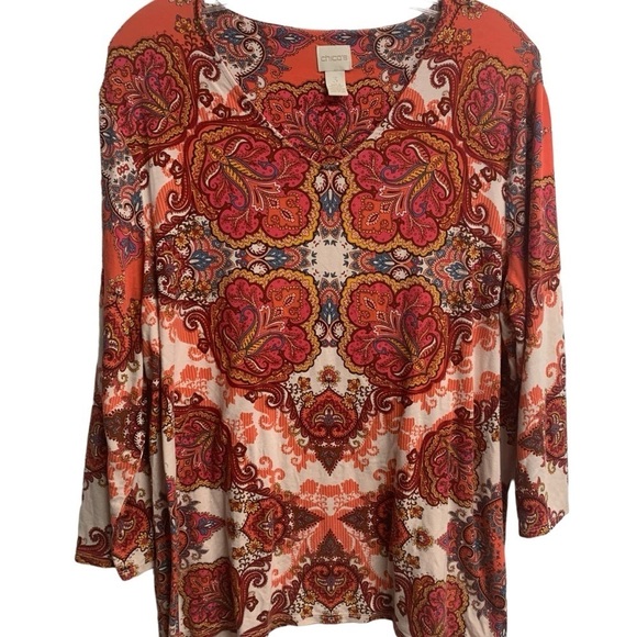 Chico’s Women’s Extra L Paisley V Neck pink Orange Print - Picture 2 of 9